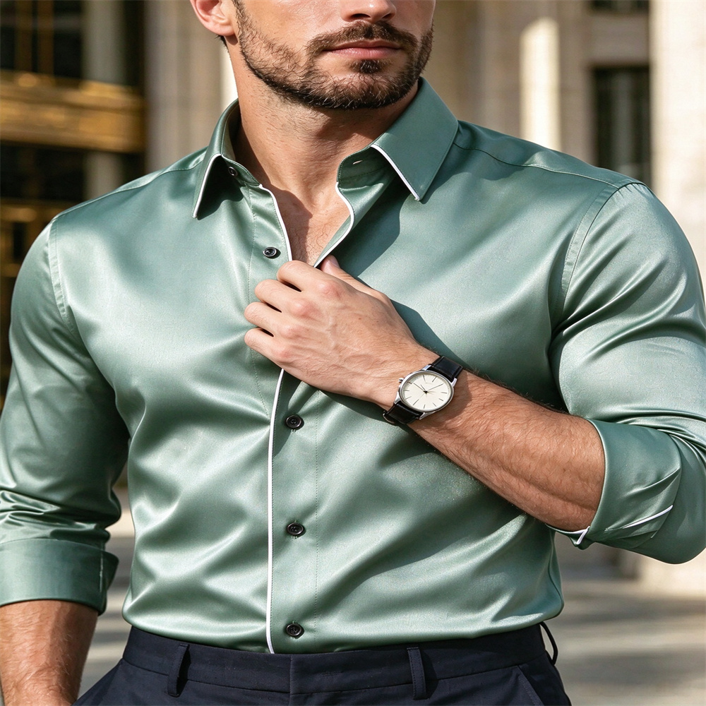 Mens Satin Silk Dress Shirt - Męska koszula z długim rękawem, dopasowany