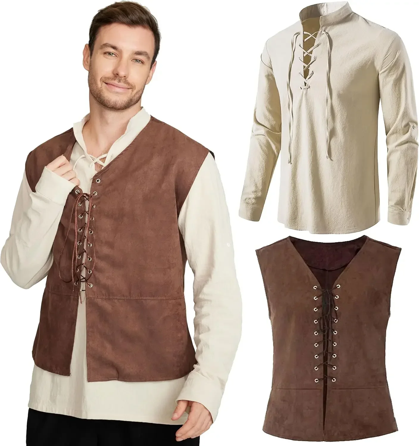Medieval Gothic Lace Up Pirate Shirt - 2-częściowy zestaw męski: średniowieczna kamizelka piracka,