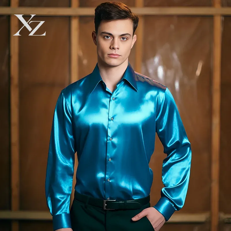 Męska satynowa koszula z efekt – Mens Satin Silk Dress Shirt recenzja i cena
